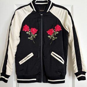 Women's CAPULET Rose Embroidered Bomber Jacket in Black Cream Multi Size XS